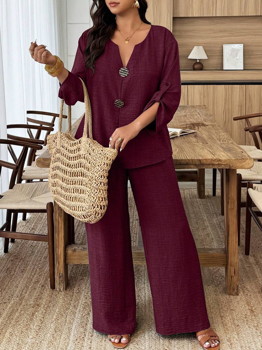 Women's Plus Size Spring/Summer Casual Mid-Sleeve Button Decor V-Neck Shirt And Straight Leg Pants 2-Piece Set, Suitable For Daily And Vacation Wear - Burgundy - View 1