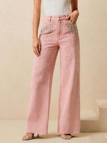 Anewsta Women's Straight-Leg Elegant Party Pants With Rhinestones, Suitable For Spring, Valentine's Day, Christmas, And Formal Occasions - Pink - View 5