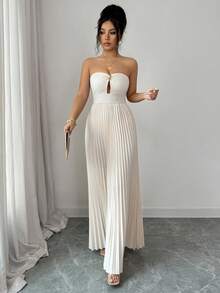 Elenzga Vestido elegante sin tirantes de unicolor con diseño de metal y dobladillo plisado para mujer - Albaricoque - View 4