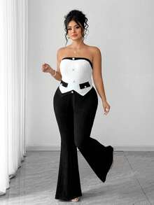 Elenzga Ensemble 2 pièces grande taille pour femmes, nouveau, sexy, élégant, minimaliste, avec débardeur asymétrique bicolore + pantalon évasé à taille élastique ajustée. Design polyvalent et à la mode pour un look décontracté - Multicolore - Voir 4