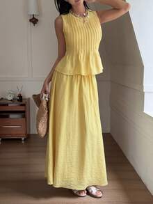 DAZY Bộ 2 món gồm áo không tay và chân váy dài cho nữ, kiểu dáng nghỉ mát, thích hợp cho mùa xuân/hè. - Màu vàng - Xem 5