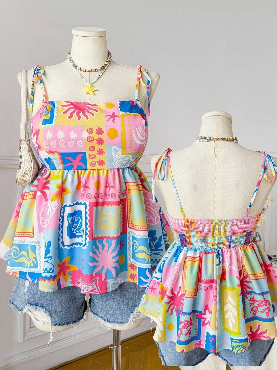 SHEIN EZwear 大码女式印花褶皱休闲百搭日常吊带背心 - 彩色 - 查看 1