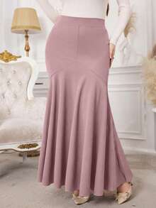 Modelyn 大码女式高腰修身鱼尾纯色半身裙 - 紫色 - 查看 7