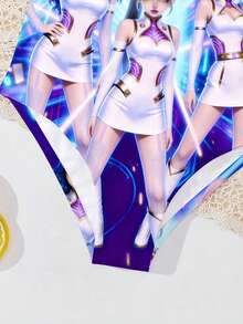 SHEIN 卡通少女头像，亮紫色，K-Pop 超级明星，卡通女团泳装印花图案，适合夏季的连体泳衣 - 彩色 - 查看 4
