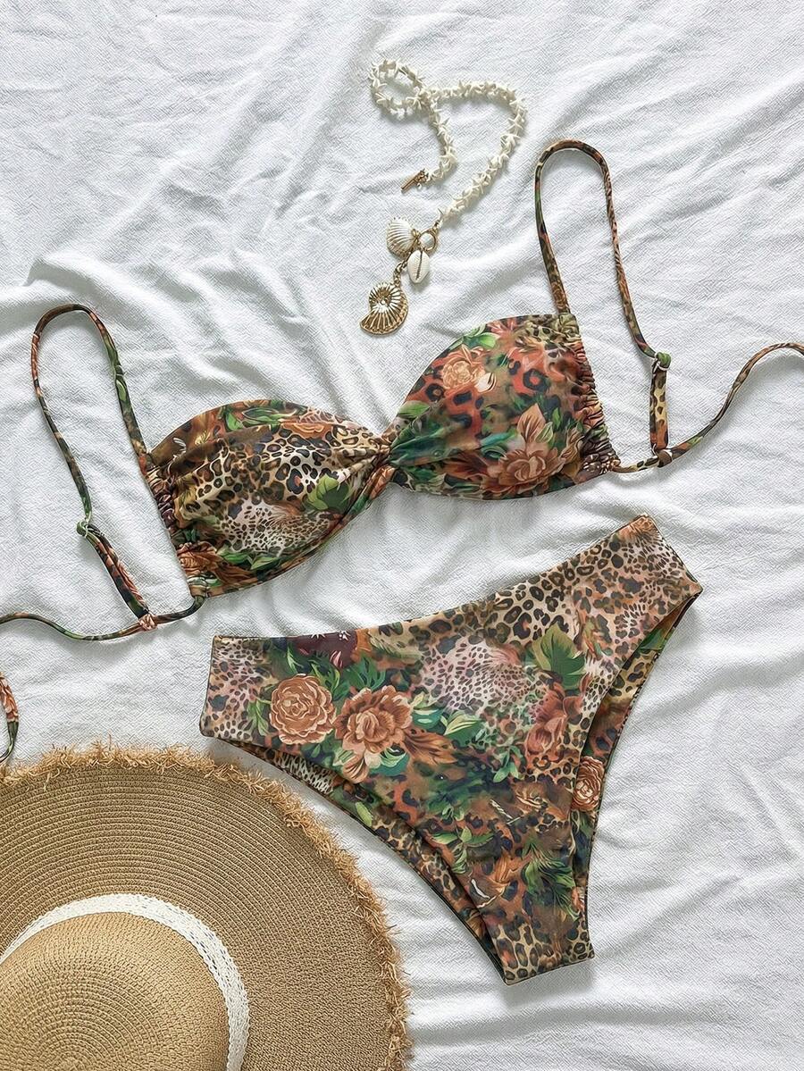Swim Vcay 2026 Spring New Plus Size Women's Criss-Cross Bandeau Bikini Set, Printed V-Shape Triangle Bottoms Two Pieces Swimwear - Multicolor - View 1