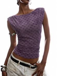 LYSMO Áo camisole thời trang nữ in chấm bi, xếp ly, ôm sát. - Bụi tím - Xem 2