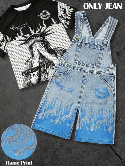 Quần yếm denim màu xanh in chữ ngọn lửa dành cho bé trai