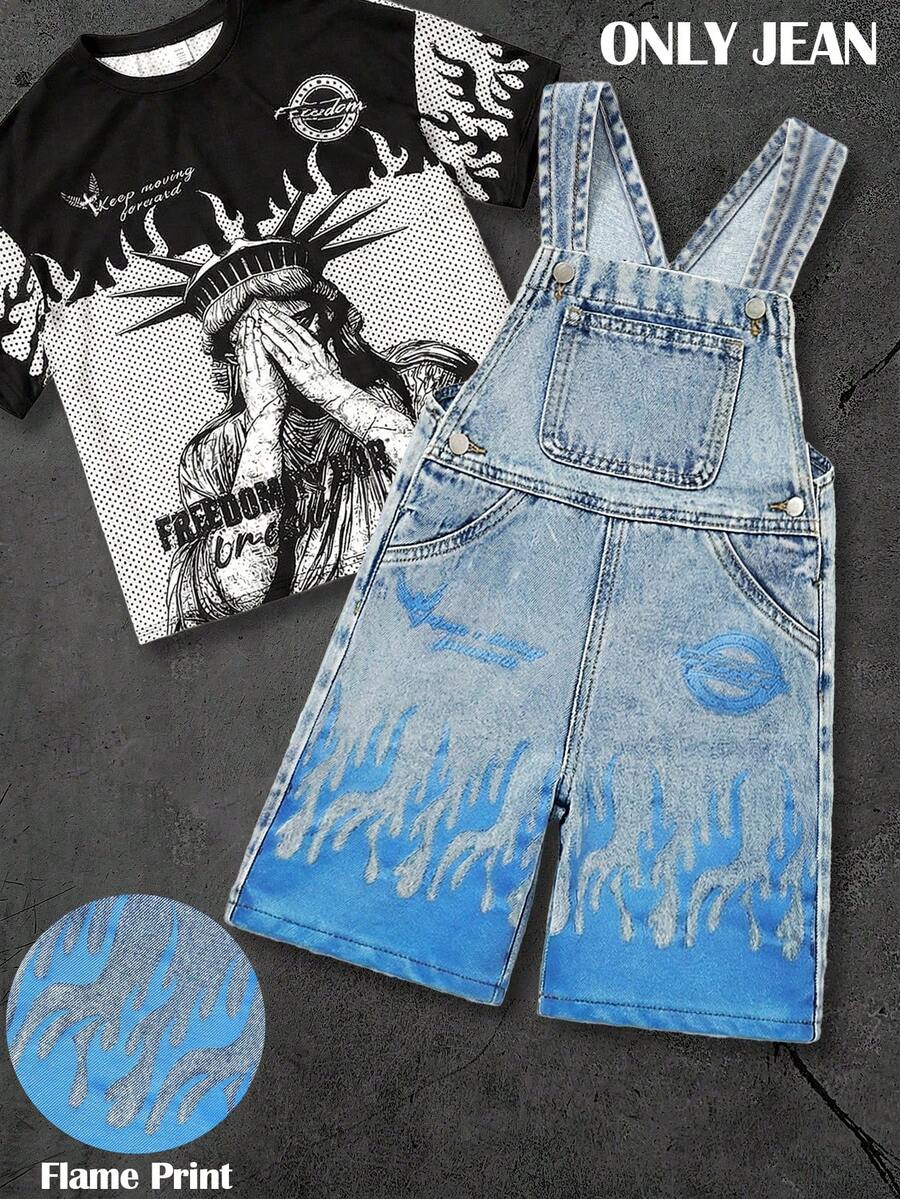 Pantalones cortos de peto de mezclilla azul con estampado de letra de llama para niño - Lavado ligero - Ver 1