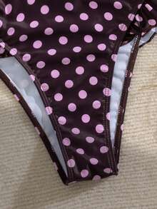 SHEIN Swim Mod Áo tắm liền thân cổ chữ V họa tiết chấm bi, dây đeo rời, trang trí bèo nhún, dành cho nữ, thích hợp cho kỳ nghỉ hè. - Nhiều màu - Xem 5