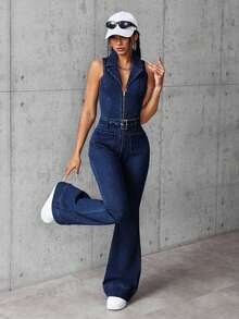 SHEIN EZwear Bộ áo liền quần không tay ôm sát, màu trơn, có khóa kéo, ống loe và quần yếm dành cho nữ. - Màu xanh lam - Xem 5