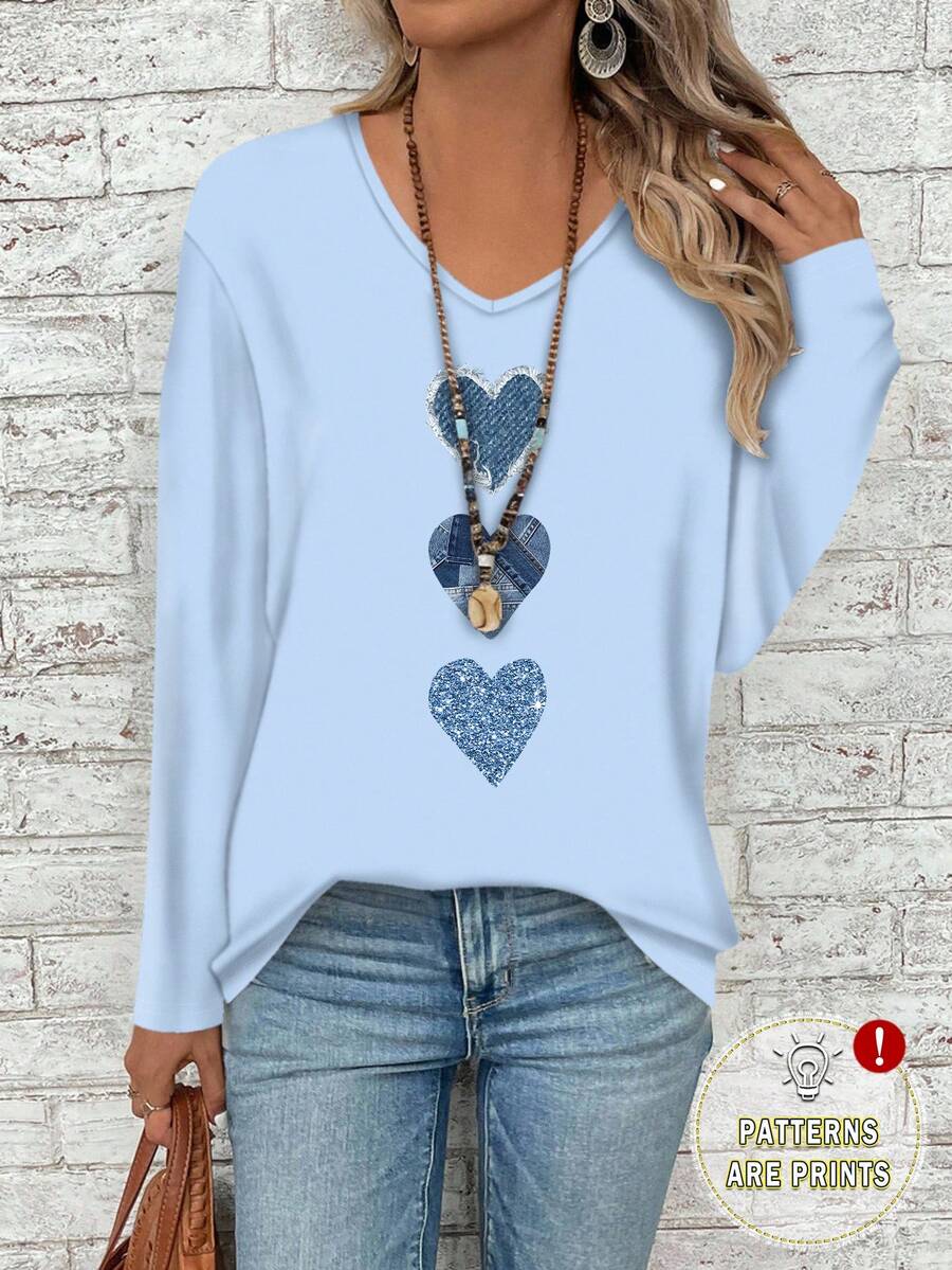 EMERY ROSE Maglietta larga a maniche lunghe con scollo a V per donne taglie forti - celeste - Visualizzare 1