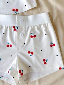 SHEIN Bộ đồ đôi cho bé gái tuổi teen, gồm áo tank top và quần short siêu ngắn họa tiết trái tim anh đào, hoa nhí, ren xếp nếp và nơ, thích hợp cho mùa xuân, mùa hè, ngày Valentine, ở nhà, phong cách thanh lịch/preppy. - trắng - Xem 3