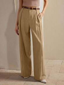 Anewsta Women's Elegant High-Waisted Brown Striped Wide-Leg Suit Pants,Urban Chic Crease Design,Khaki,Summer,Casual,Bissness Commuter Trousers For Daily Wear - Khaki - View 7
