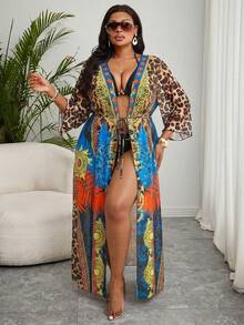 Slaydiva Kimono Panjang Model Ikat Pinggang Motif Leopard Blok Warna Ukuran Plus - MultiWarna - View 6