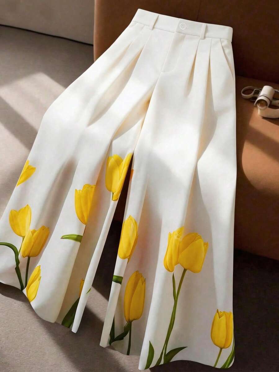 GlowEve CURVE Plus Size Elegant Floral Color Block Pants, Elastic Waist Suit Pant Design, Suitable For Daily Commute, Outing, Party, Vacation - Yellow - View 1
