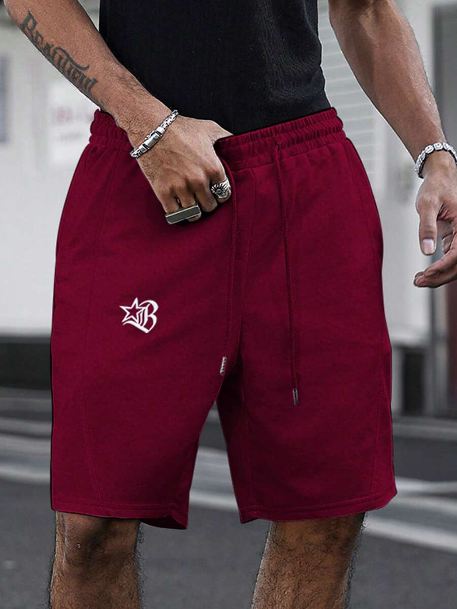 PAVTROS Men's Minimalist Embroidered Pattern Casual Knit Shorts, Loose Straight Leg High Street Patchwork Sports Pants - Burgundy - View 1