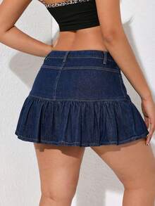 SHEIN Tall Women's Y2K High Waist Denim Skort Dark Blue Pleated Summer Casual Outfit For Party Streetwear Women's High Waist Pocketed Ruffle Hem Casual Denim Skirt Shorts - Dark Wash - View 2
