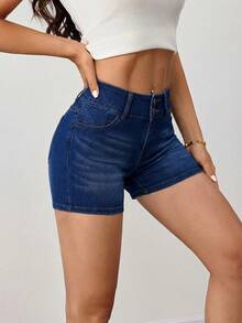 SHEIN Tall Women's Summer Casual High Waist Stretch Denim Shorts Slim Fit Butt Lifting Blue Short Jeans With Notched Hem Perfect For Streetwear & Beach Outfits Women's Casual Everyday Commute High Stretch Slim Fit Denim Shorts - Dark Wash - View 5
