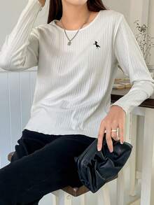 DAZY Camiseta de manga larga con cuello redondo y estampado de caballos, de estilo casual para mujer - Blanco - Ver 3