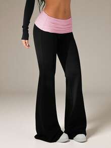 SHEIN PETITE Contrast Color Fold Waist Flare Pants - Black - View 6