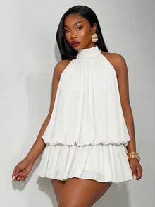 SHEIN SXY Đầm cổ yếm màu trơn xếp nếp viền gấu dành cho nữ cỡ lớn - trắng - Xem 5