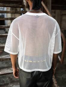 PAVTROS Áo thun nam tay ngắn cổ tròn, màu trơn, khoét lỗ, dáng rộng - trắng - Xem 2
