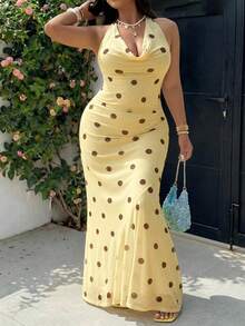 GalTyme 大码女式波点印花垂领鱼尾下摆度假连衣裙 - 鵝黃色 - 查看 2
