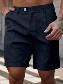 Manfinity Homme Plus Size Men's Solid Color Pleated Slant Pocket Casual Shorts - Navy Blue - View 6