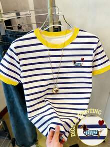 Resyla Áo thun nữ mùa hè dáng rộng kẻ sọc, kiểu dáng thường ngày, in hình chó Dachshund. - Nhiều màu - Xem 1