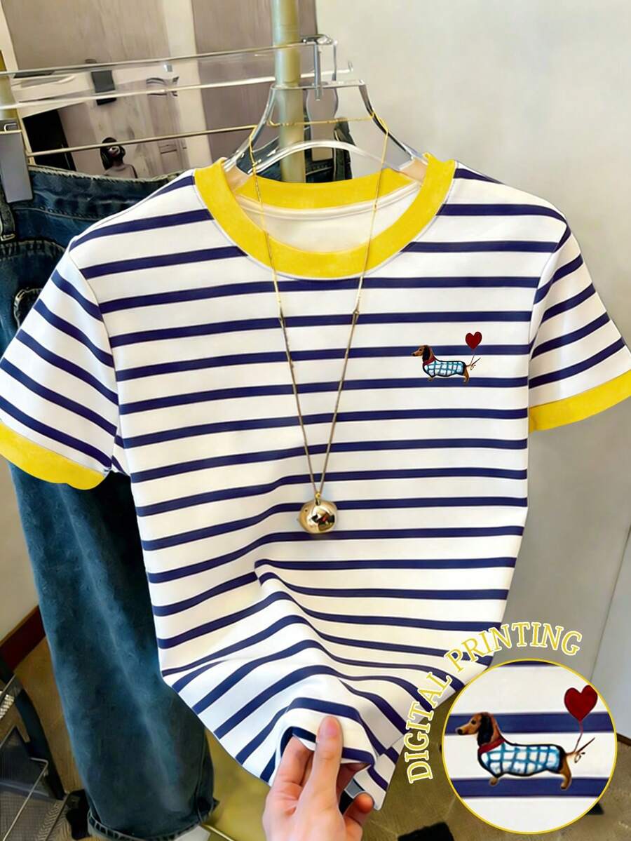 Resyla Áo thun nữ mùa hè dáng rộng kẻ sọc, kiểu dáng thường ngày, in hình chó Dachshund. - Nhiều màu - Xem 1