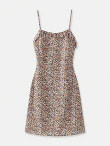 lacRébo 印花中长连衣裙，荷叶边细节，露背设计，春夏可爱度假连衣裙，法式巴黎风情假日连衣裙 - 彩色 - 查看 9