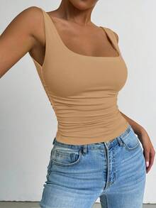SHEIN PETITE 杏色方領修身收腰抓皺無袖背心上衣，夏季時尚休閒日常街頭風，適合度假，小個女款 - 卡其色 - 查看 3