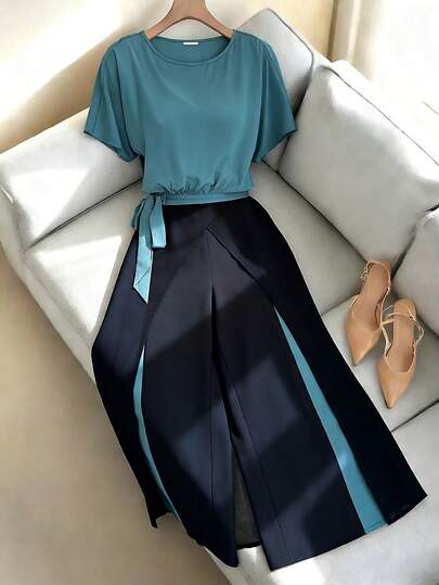 Elenzga 2 pezzi Set di pantaloni con maniche a pipistrello, abbigliamento alla moda per donne taglia forte, primavera/estate