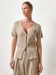 Briarwyn Áo khoác cardigan tay ngắn dệt xoắn kiểu gấu bông dành cho nữ, phong cách thường ngày. - Màu be - Xem 7