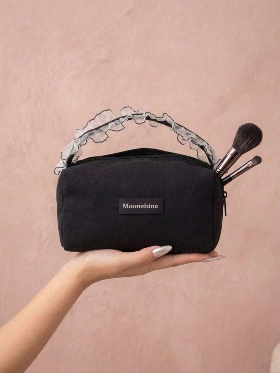 Joivida 1Pc/2Pcs Lace-Trimmed Canvas Cosmetic Bag, Portable Toiletry Bag, Travel Carry-On Bag. - Black - View 1