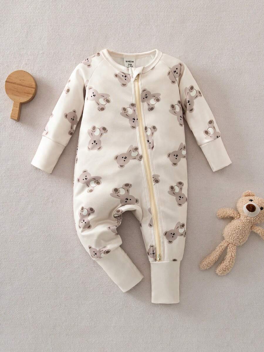 Newborn Baby Cookie Print Zipper Front Long Sleeve Romper Pajamas - Multicolor - View 1