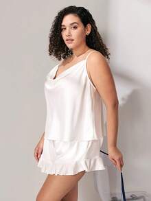 LUVLETTE Summer Sweet Feminine Plus Size Satin Pajama Set - Cowl Neck Camisole & Ruffled Shorts Soft Romantic Lounge Wear Wedding Items Bride Pajamas Set - White - View 7