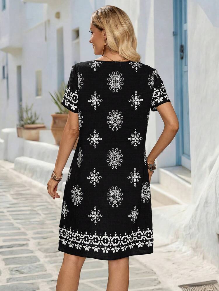 Women's Floral Print Casual Round Neck Short Dress For Vacation Summer Outfit For Women Summer Dress Casual Dresses For Women Casual Women's Dresses Vacation Outfits Women,Summer Dresses For Women Causal Dresses For Women Summer Holiday Outfits For Women Dress Country Dress