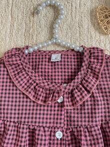 Bộ 2 món thời trang ngọt ngào màu hồng kẻ caro dễ thương cho bé gái: áo khoác cardigan tay ngắn cổ Peter Pan và quần dài gấu bèo nhún, đồ mặc nhà thoải mái. - Hồng - Xem 4