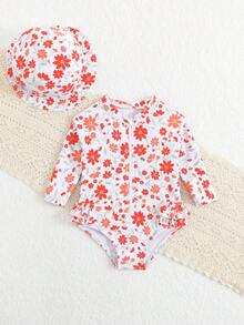 SHEIN Vintaside Kids Newborn Cute Red Ditsy Floral Swimsuit,Long Sleeve Rash Guard One-Piece With Front Zipper,2-Piece Set With Ruffled Hat,Summer Pool Party Holiday Wear - Multicolor - View 4