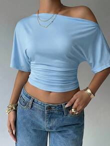 Aloruh Camiseta casual y versátil de uso diario para mujer, de unicolor, con hombro asimétrico y fruncido - Celeste - Ver 4