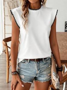 SHEIN Shell Embroidered Trim Fashionable Minimalist Women Round Neck T-Shirt, Gift For Friends - White - View 4