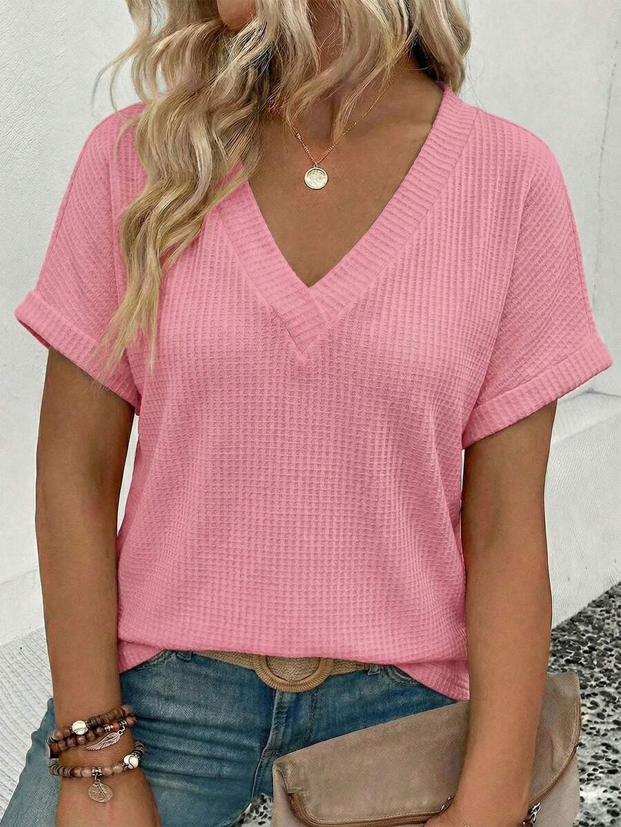 EMERY ROSE Plus Size Women's Fashion Casual Versatile Bestselling Neon Color V-Neck Short Sleeve T-Shirt - Pink - View 1
