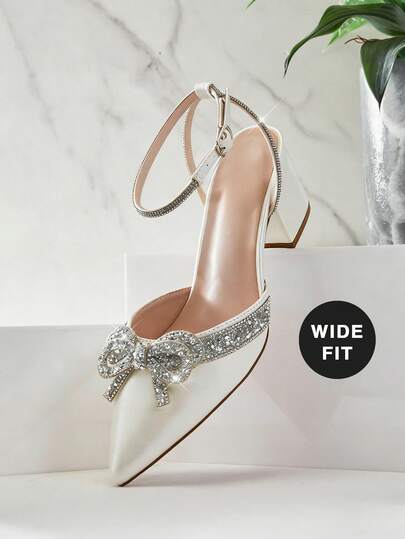 SHUZIA #Giày cao gót đế vuông bằng da nubuck màu xương, kiểu dáng rộng rãi, đính đá và nơ, dành cho nữ của GlamChic – Dây đeo mắt cá chân lấp lánh, thanh lịch và thoải mái cho các bữa tiệc và trang phục trang trọng.