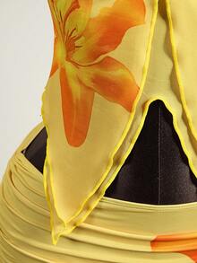 Zestiva Conjunto de 2 piezas con top sin mangas con cuello de volantes y estampado de flores y plantas, talla grande falda plisada con estampado de flores y plantas, primavera/verano - Multicolor - Ver 4