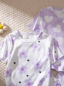 女童紫色花卉印花和冰淇淋印花全印花短袖短裤两件套睡衣 - 紫色 - 查看 5