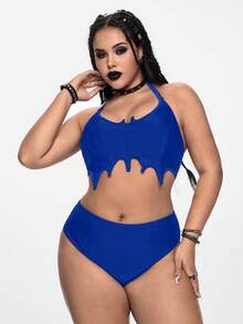 ROMWE Plus Size Gothic Bat Inspired Adjustable Strap Tankini Swimwear 2 Pieces Set - Blue - View 1