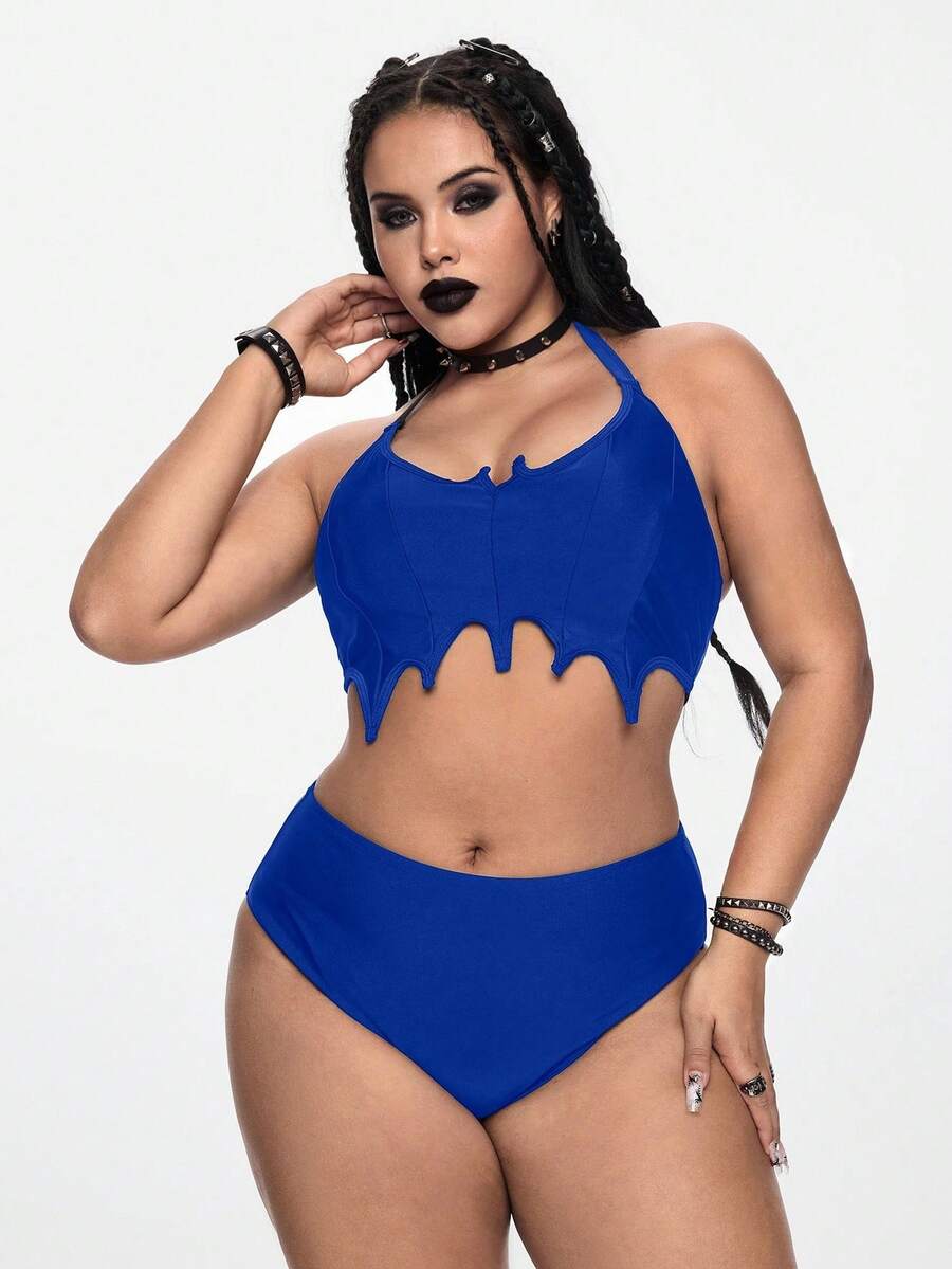 ROMWE Plus Size Gothic Bat Inspired Adjustable Strap Tankini Swimwear 2 Pieces Set - Blue - View 1