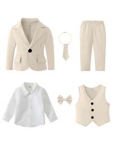 6 piezas Conjunto de traje formal para niño, que incluye camisa de manga larga blanca clara, corbata negra y pajarita, chaleco a juego, chaqueta y pantalones. La camisa blanca clara se ve particularmente elegante en el traje todo negro, lo que hace que todo el conjunto se vea ordenado y elegante, adecuado para eventos festivos, ocasiones formales, bodas, invitados de bodas, portadores de anillos, padrinos de boda, temporada de regreso a clases - Albaricoque - Ver 3