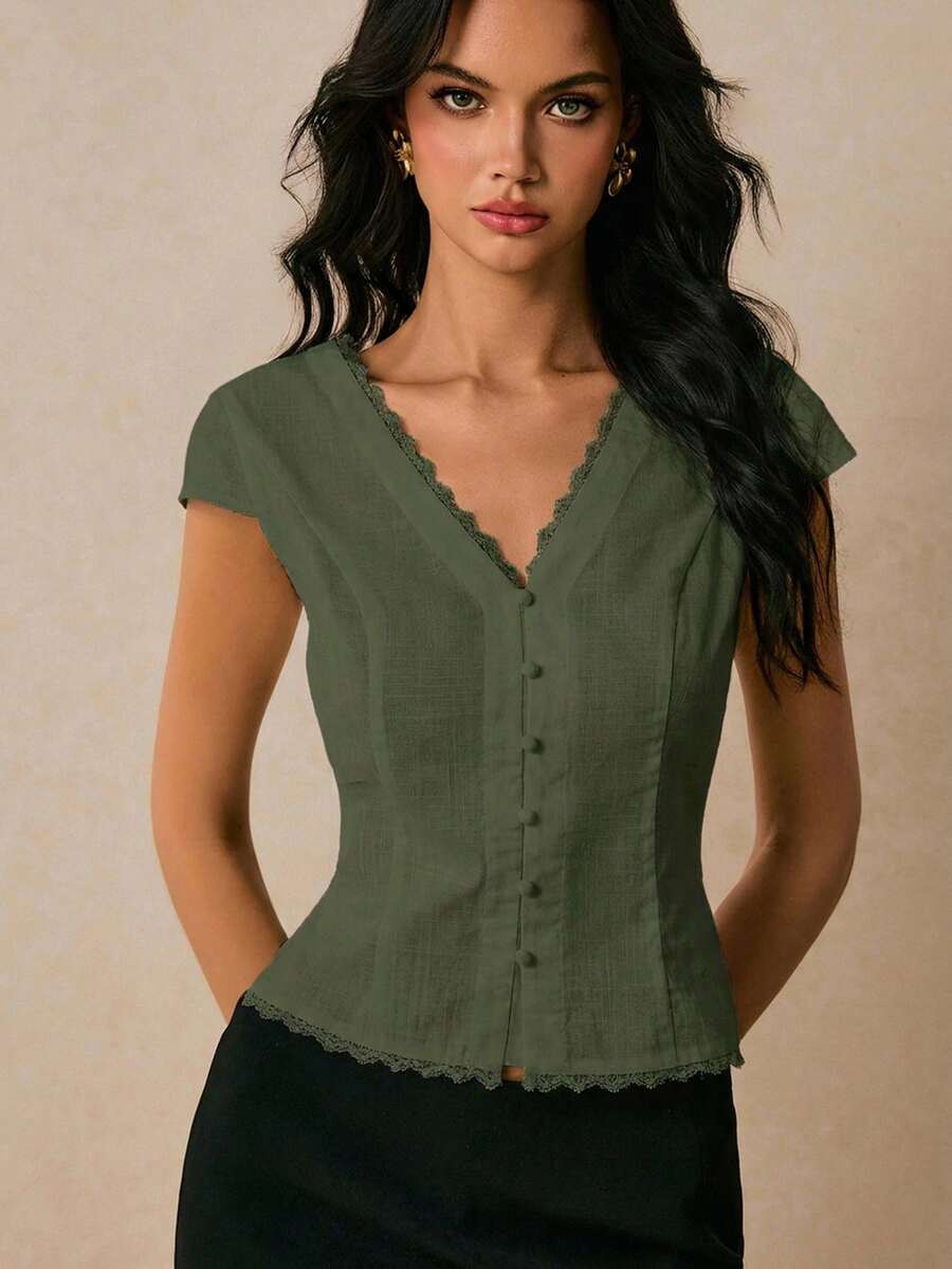 Poéselle Women's Lace Trim V-Neck Casual Versatile Daily Wear Blouse - Army Green - View 1